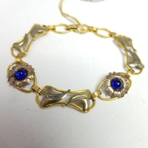 Vintage Providence Stock Co Gold Filled Sterling Silver Blue Flower Bracelet - Picture 9 of 9